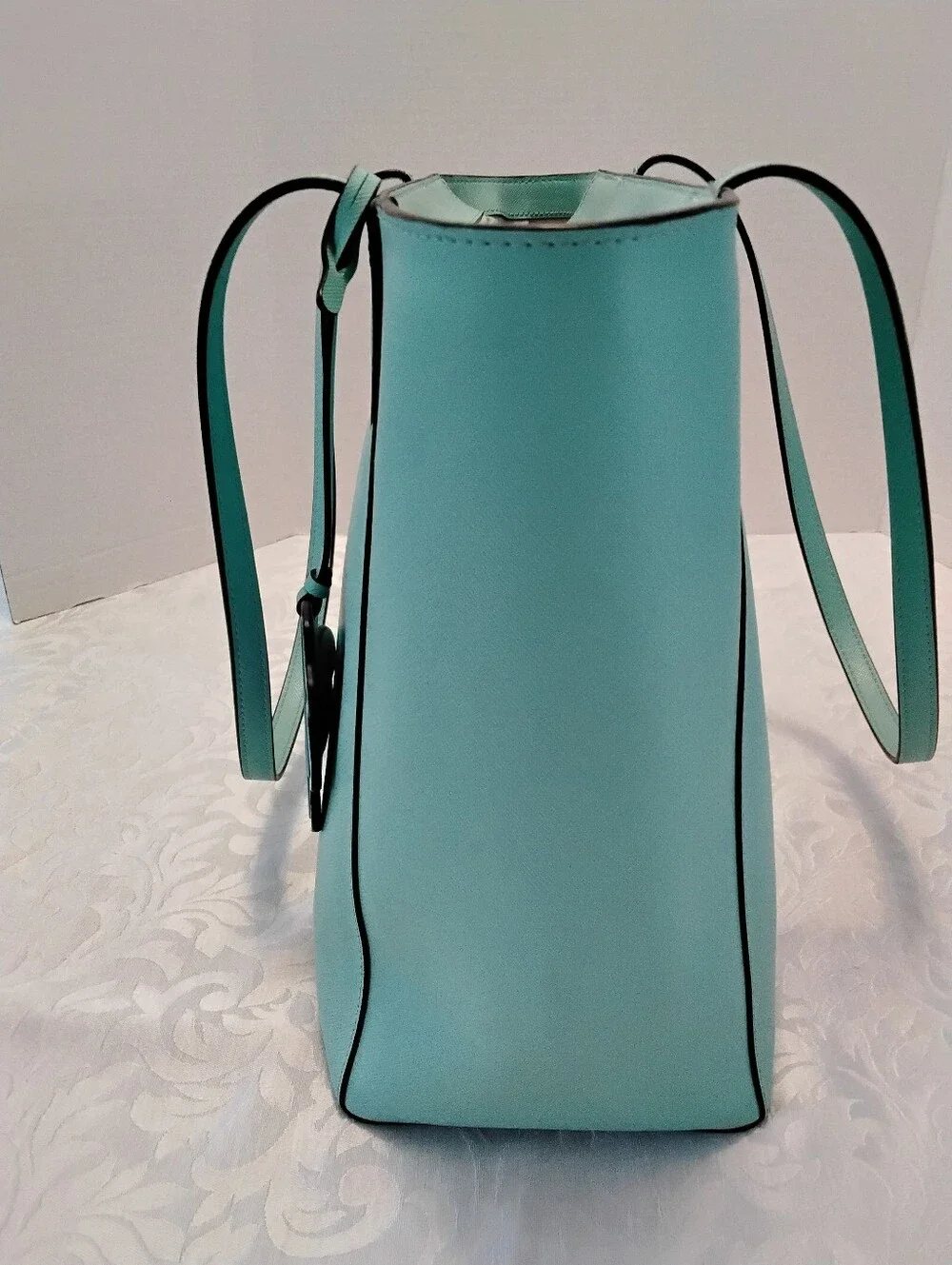 KATE SPADE NY DANA Aqua Bloom Pebbled Leather Tote with Leather Floral Charm